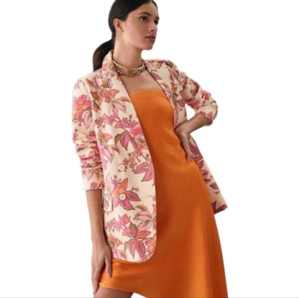 Anthropologie Dolan Floral Boyfriend Double Breasted Blazer Linen Blend Sz. XL